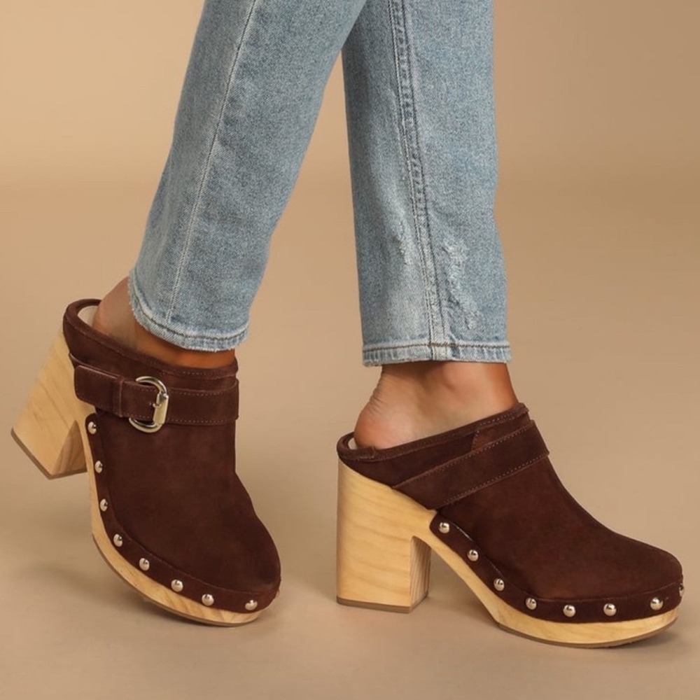 Steve‎ Madden Hilde Platform Clog 8 Brown Suede Studded Wood Heel